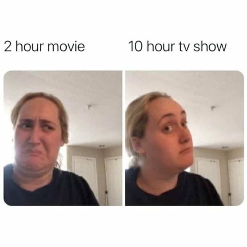 Two-panel meme of a woman showing disgust at a movie versus interest in a show.