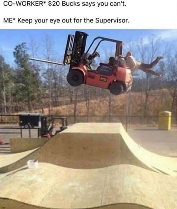 High-flying forklift performing an extreme mid-air jump over a wooden skatepark ramp for a twenty-dollar bet.