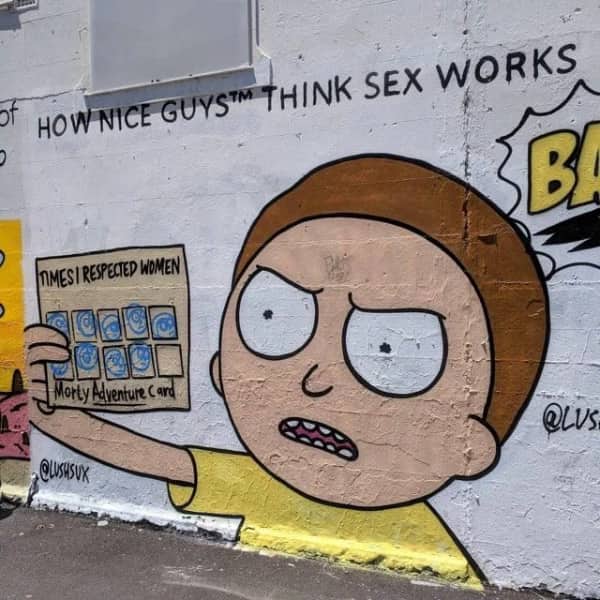 Blursed street art mural depicting a cartoon character holding a loyalty card about respecting women.