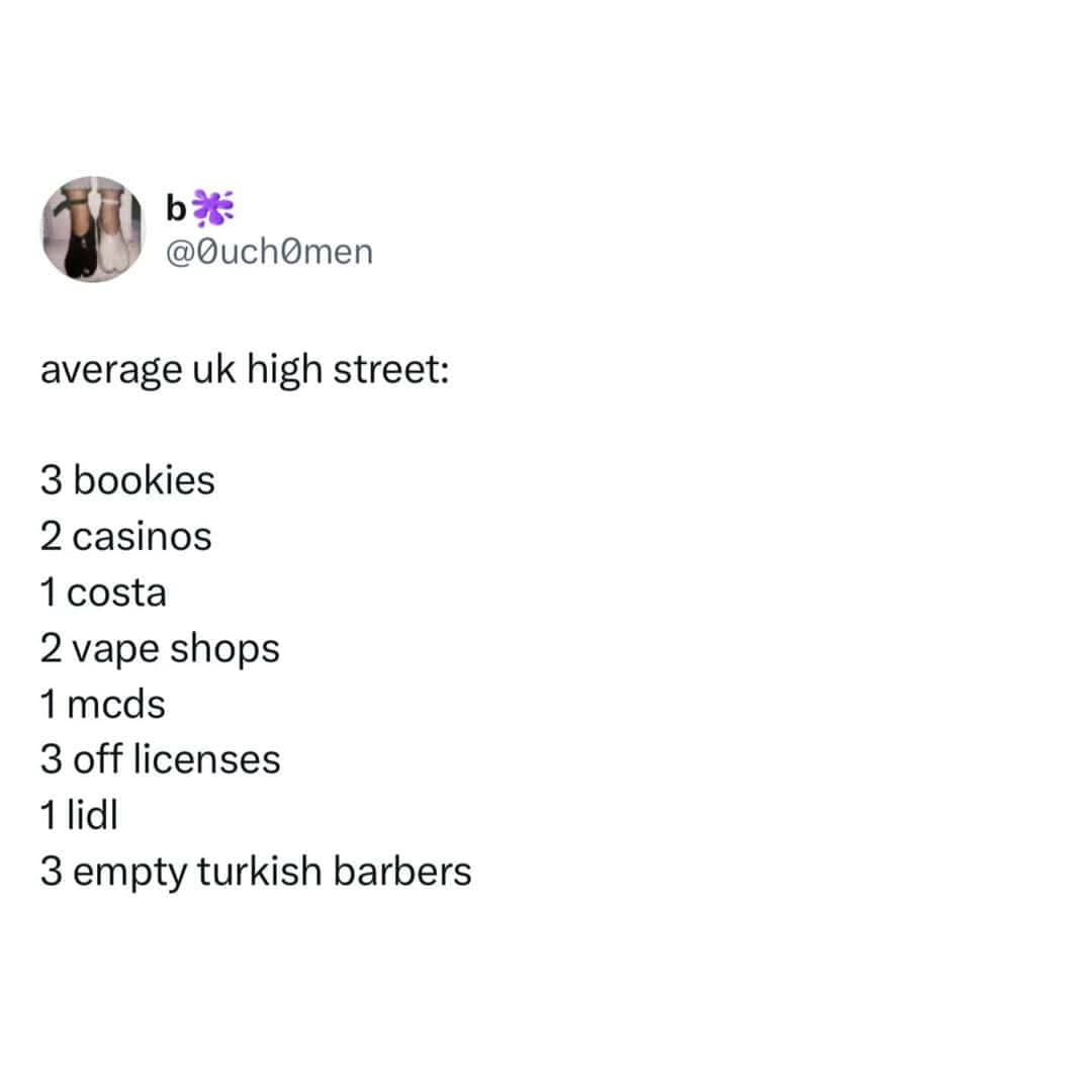 A list of typical shops found on a standard UK high street including bookies.