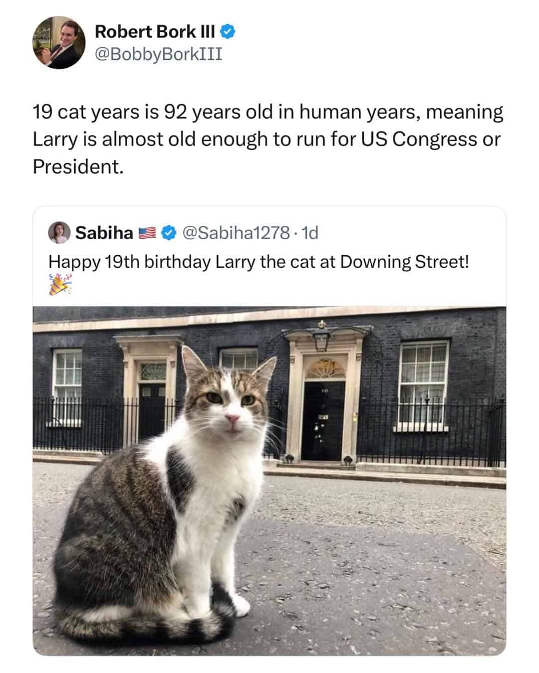 Larry the cat at Downing Street with a tweet comparing his age to politicians.