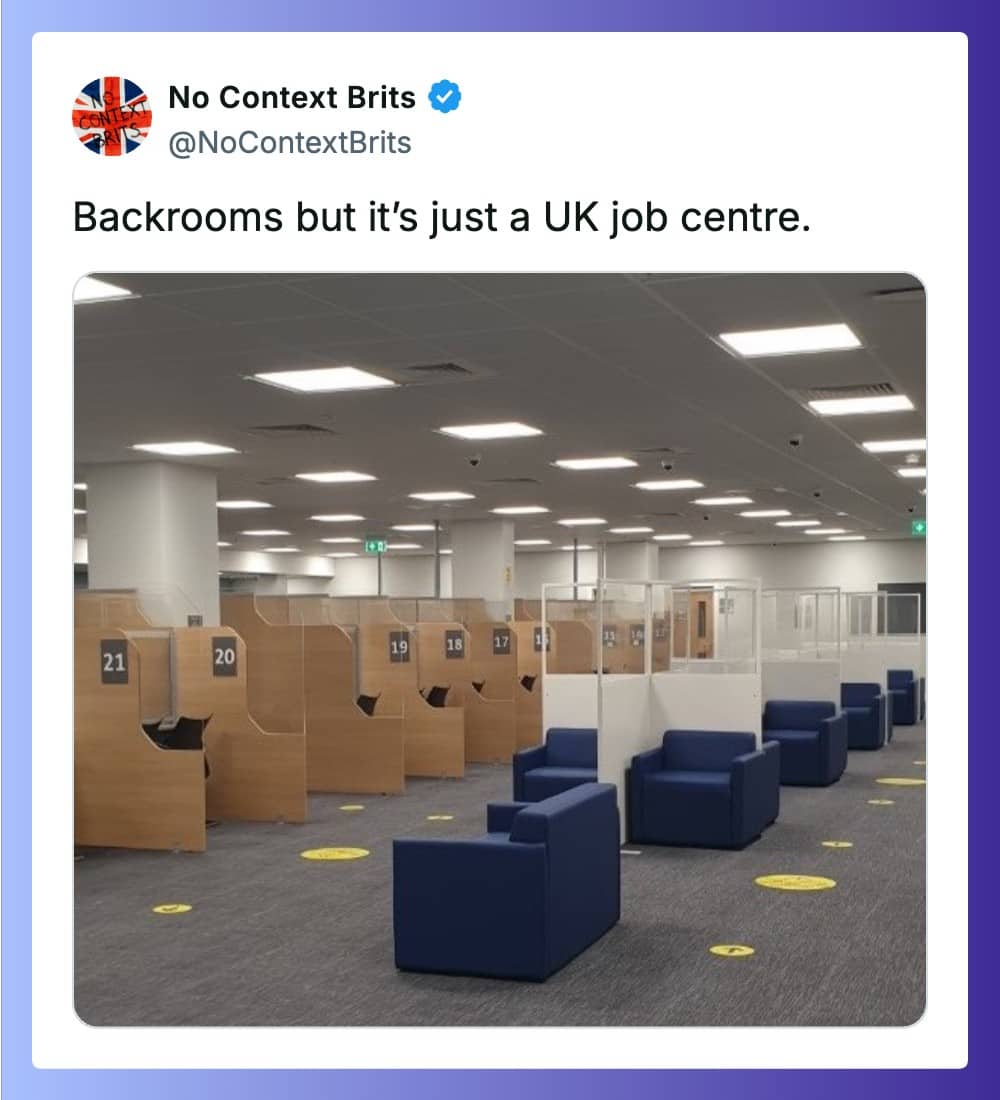 An empty modern office layout representing a UK job centre looking like the backrooms.