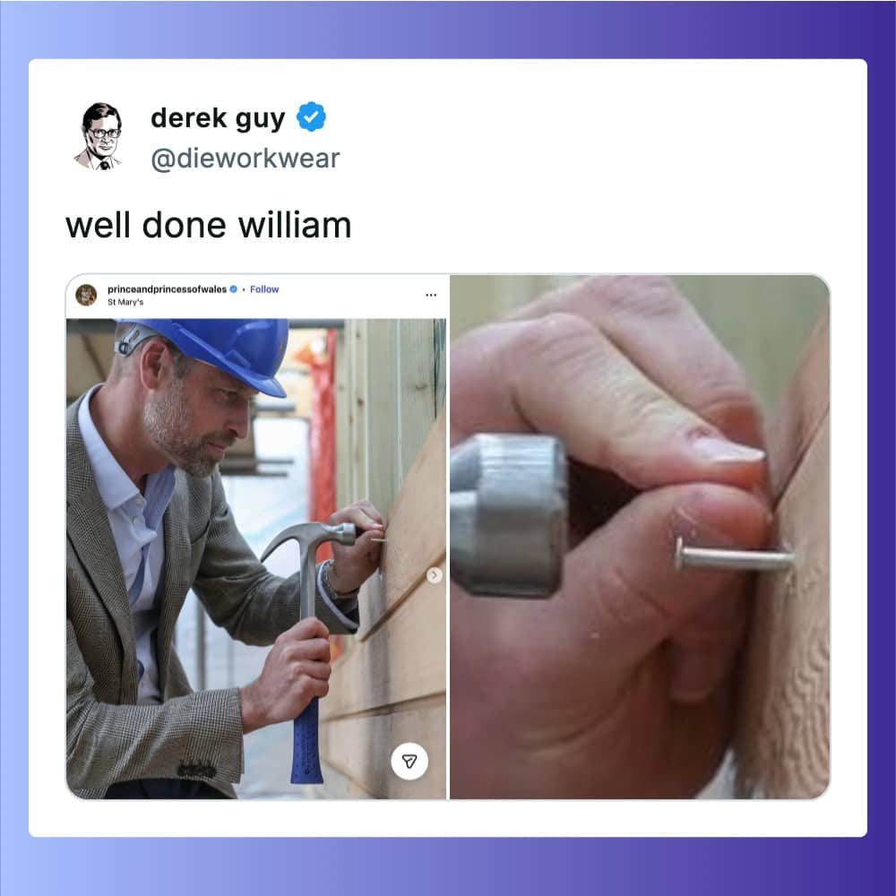 Prince William attempting to hit a small nail into wood with a large hammer.