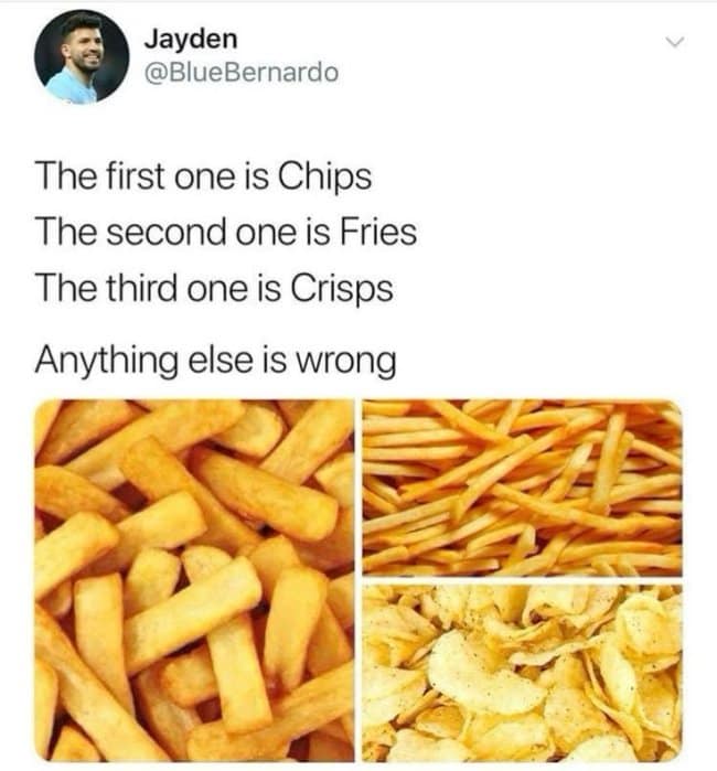 A definitive british meme lays down the absolute, non-negotiable laws of potato terminology via a tweet by Jayden (@BlueBernardo). The post features a three-panel image clarifying the exact taxonomy of fried snacks: the left panel shows thick-cut British pub "Chips," the top right shows thin fast-food "Fries," and the bottom right displays a pile of potato crisps, concluded by the stern warning, "Anything else is wrong."