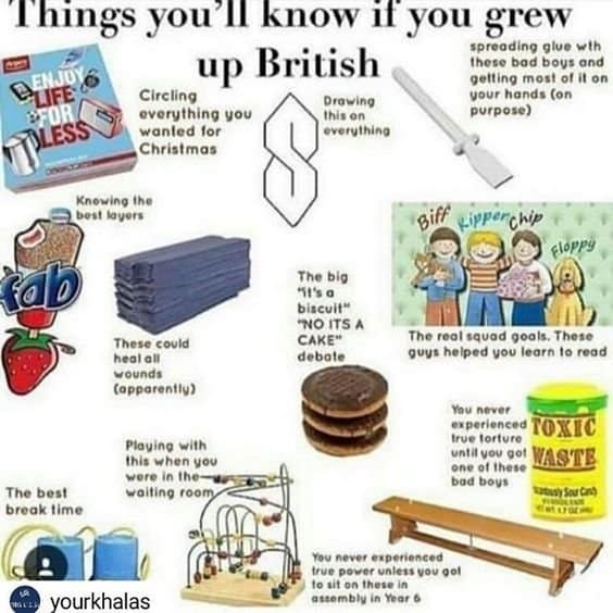 A nostalgic british meme functions as a starter pack layout titled "Things you'll know if you grew up British." It features an array of highly specific cultural artifacts including an old Argos catalog, a plastic glue spreader, Fab ice lollies, a stack of blue school paper towels, Jaffa Cakes, a primary school wooden assembly bench, and Biff, Chip, and Kipper reading books.
