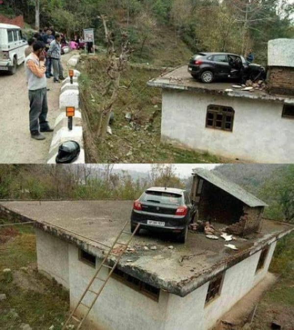 A split-panel image capturing an incredible structural car fail where a black compact hatchback has landed flat on the flat concrete roof of a one-story rural house next to a steep hillside road.