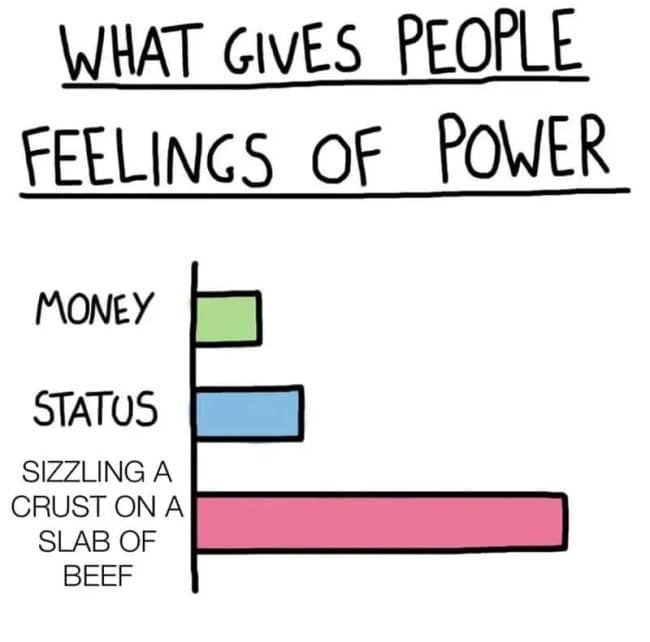 A hand-drawn bar graph template functioning as a relatable cast iron skillet meme, showing that "SIZZLING A CRUST ON A SLAB OF BEEF" provides an exponentially higher feeling of raw power than money or social status.