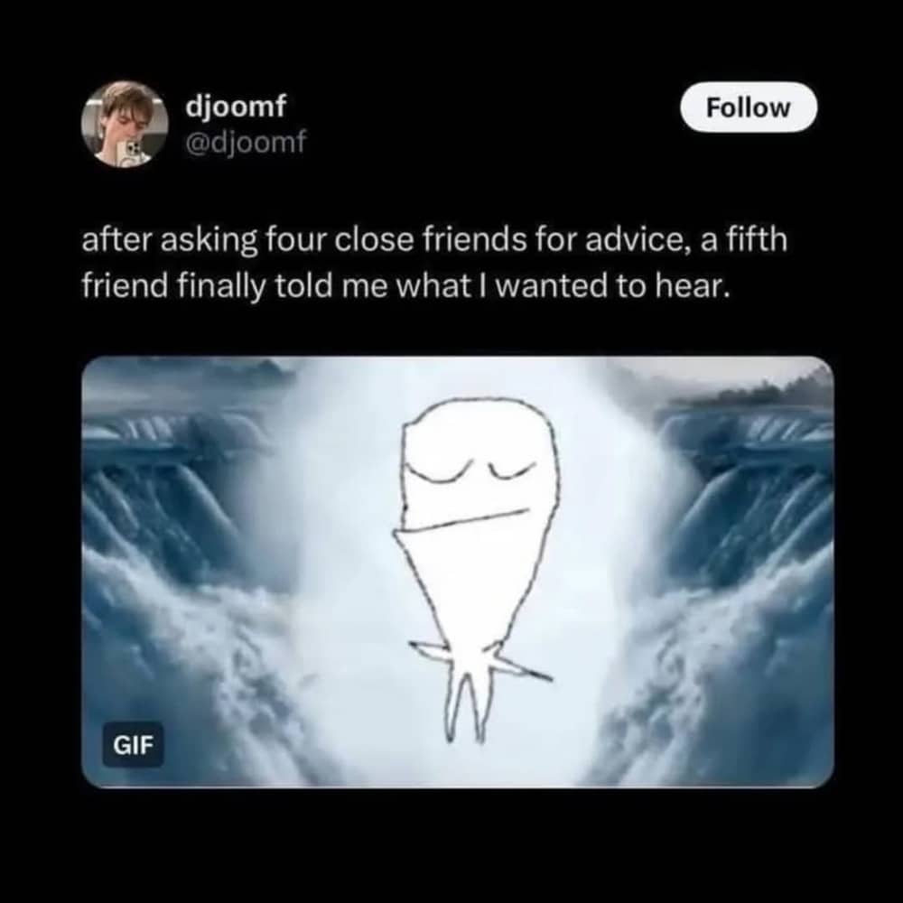 Drawing of a character appearing in a bright light with a text about finding a fifth friend's advice.