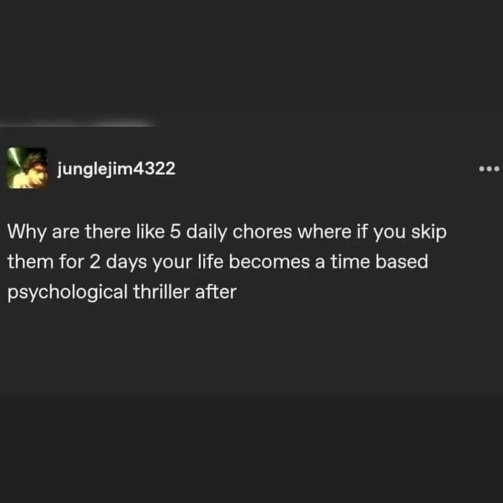 Social media post by junglejim4322 about daily chores becoming a time-based psychological thriller.