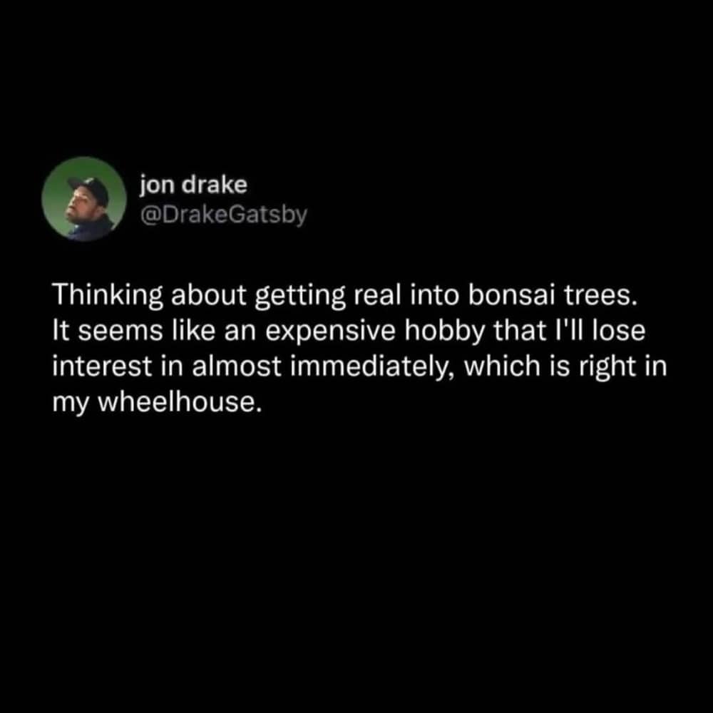 Tweet by jon drake about getting into bonsai trees as an expensive, short-lived hobby.