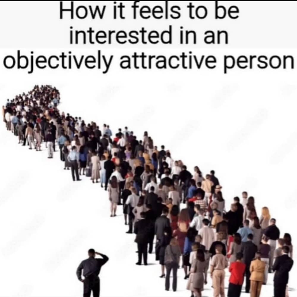 A long, winding line of people representing being interested in an objectively attractive person.