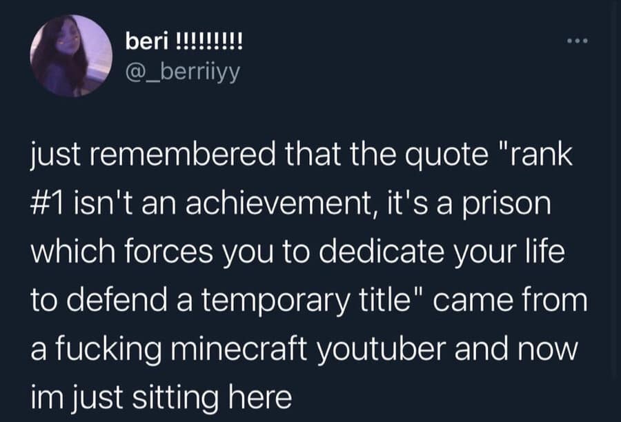 A poignant text-post breakdown acts as an insightful classic meme, highlighting an X platform update tracking the realization that an intensely deep, profound quote about the prison of achievement actually originated from a casual Minecraft YouTuber.