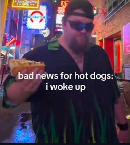 A low-resolution video screenshot macro functions as a chaotic entry among old memes, showing a large man in sunglasses and a neon green flame shirt holding out a street-vended snack under the simple text, "bad news for hot dogs: i woke up."