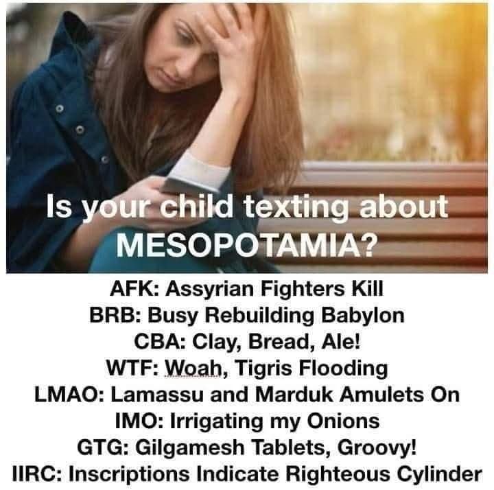 hilariously clever classic memes template addresses worried parents with a mock PSA chart under the bold header, "Is your child texting about MESOPOTAMIA?". The graphic shows a stressed mother looking at her phone above a list of subverted modern texting acronyms, redefining terms like AFK to mean "Assyrian Fighters Kill," BRB as "Busy Rebuilding Babylon," and WTF as "Woah, Tigris Flooding."