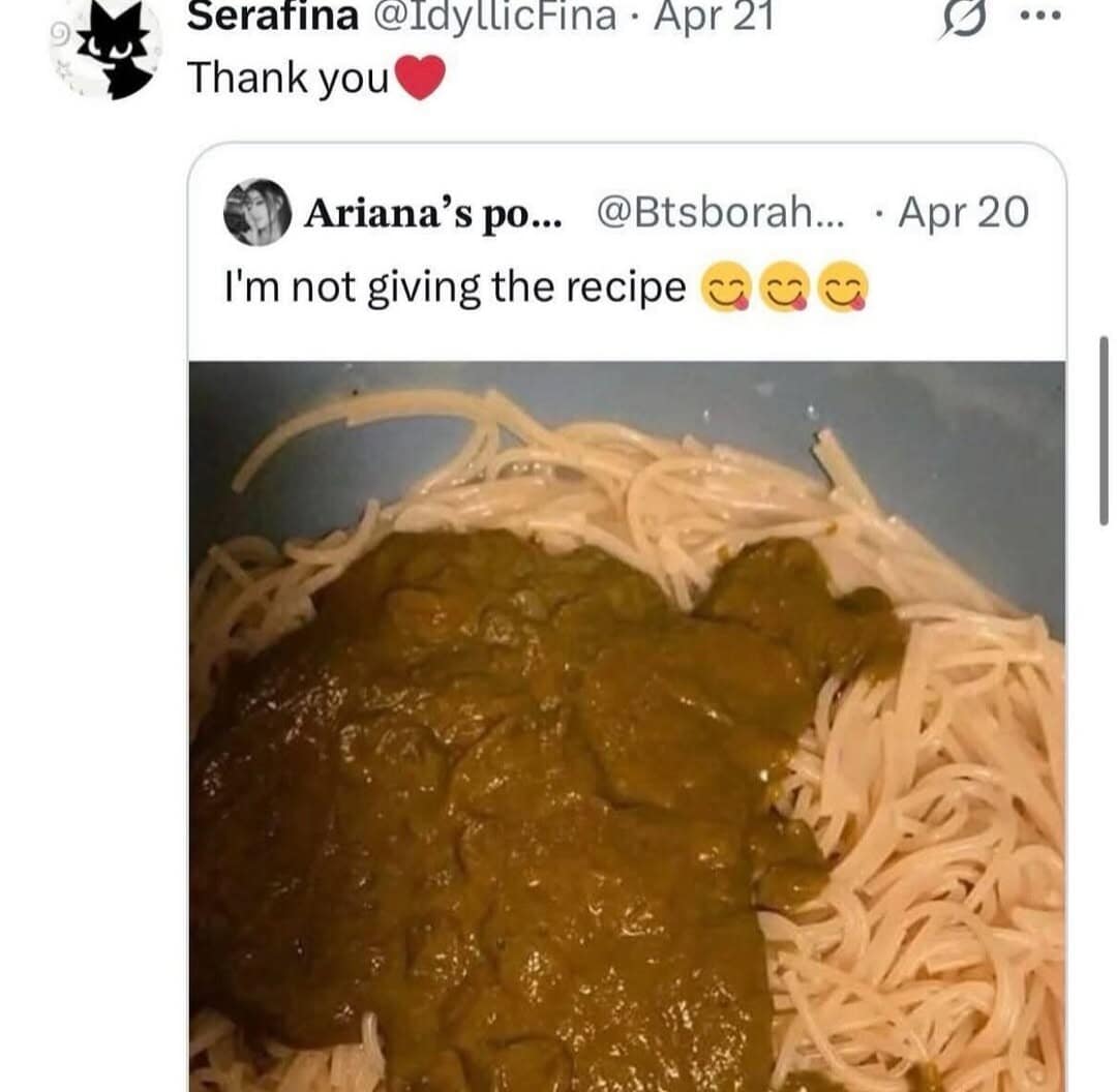 A cursed culinary quote-tweet stands out among trending old memes, showcasing a photo of plain white noodles covered in an unappetizing sludge-like dark green paste beneath a user proudly captioning that they will never give away the secret recipe.