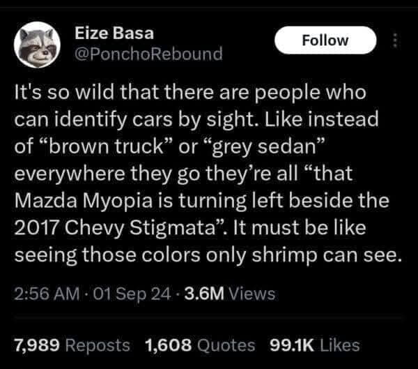 Twitter text screenshot by user @PonchoRebound satirizing hyper-specific automotive identification skills inside a classic meme.