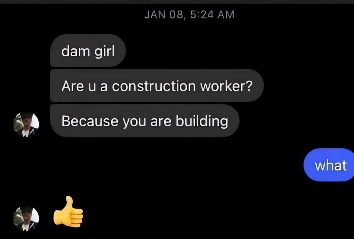 An awkward modern dating screenshot functions as a funny classic meme, showing a text pickup line that completely falls apart mid-sentence before ending in a deeply embarrassed, text-based thumbs up emoji.