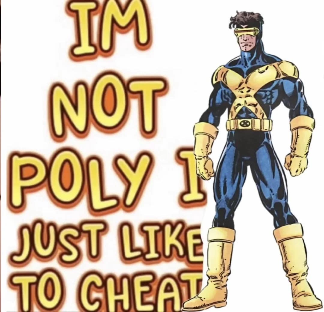 Cyclops from X-Men comic illustration with bold, bubble-letter relationship subversion text inside an old memes gallery.