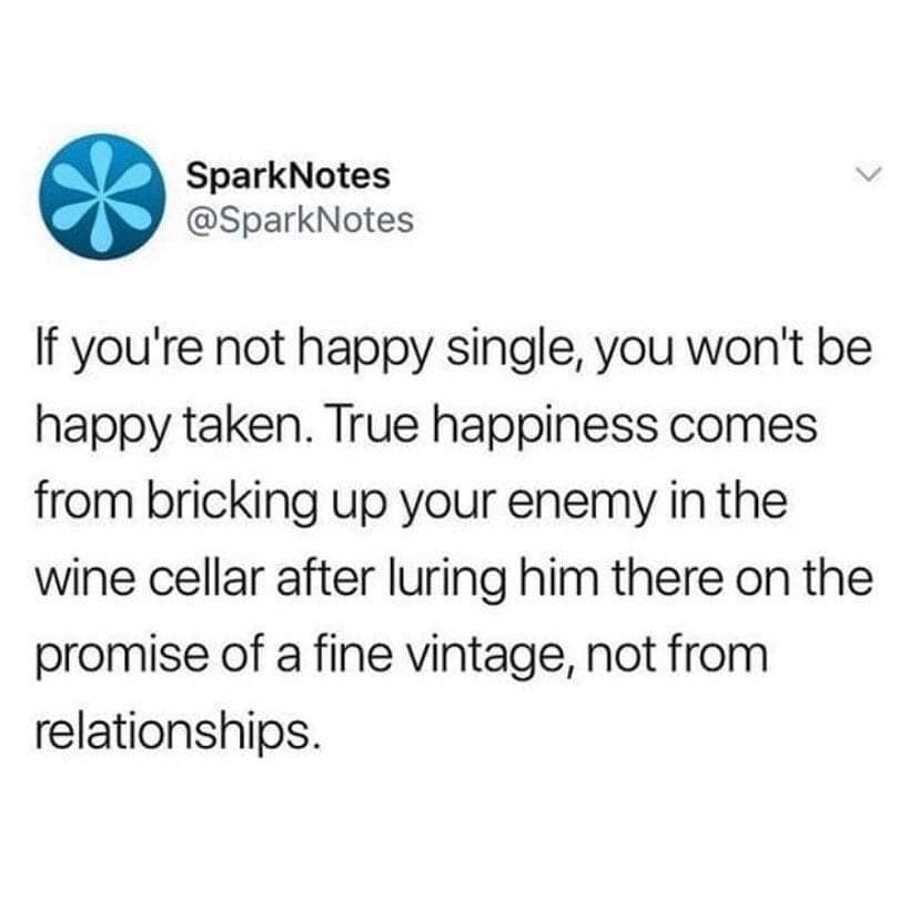 Literary satire tweet from SparkNotes referencing Edgar Allan Poe's Cask of Amontillado within a relationship advice classic meme.