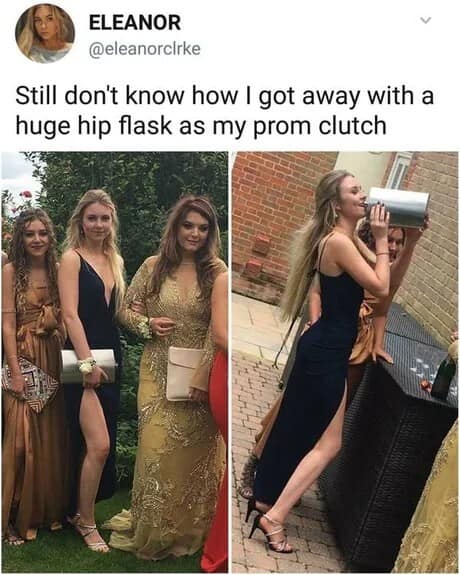 A viral party-hack layout operating as a classic meme shows a two-panel Twitter post by Eleanor revealing her brilliant prom trick, capturing a group photo where her elegant silver "clutch purse" is revealed in the next frame to be a giant metal hip flask.