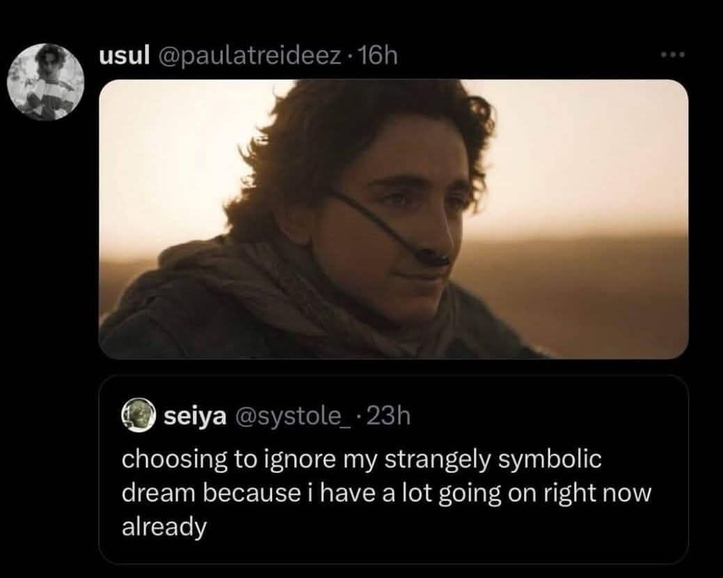 Twitter screenshot showing a Dune film frame of Paul Atreides under dream-ignoring text in a classic meme.
