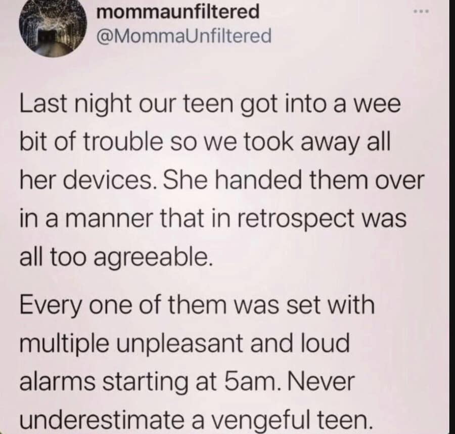 A malicious parenting retaliation story saved as a classic meme captures a text post from MommaUnfiltered detailing how their grounded teenager submissively handed over all her electronic devices after secretly setting loud, unpleasant alarms to blare at 5:00 AM.