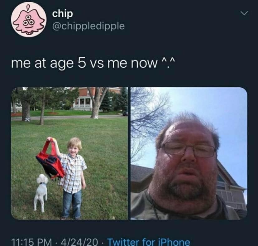 Two-panel Twitter photo comparison contrasting a happy five-year-old boy against a tired adult portrait in a classic meme.