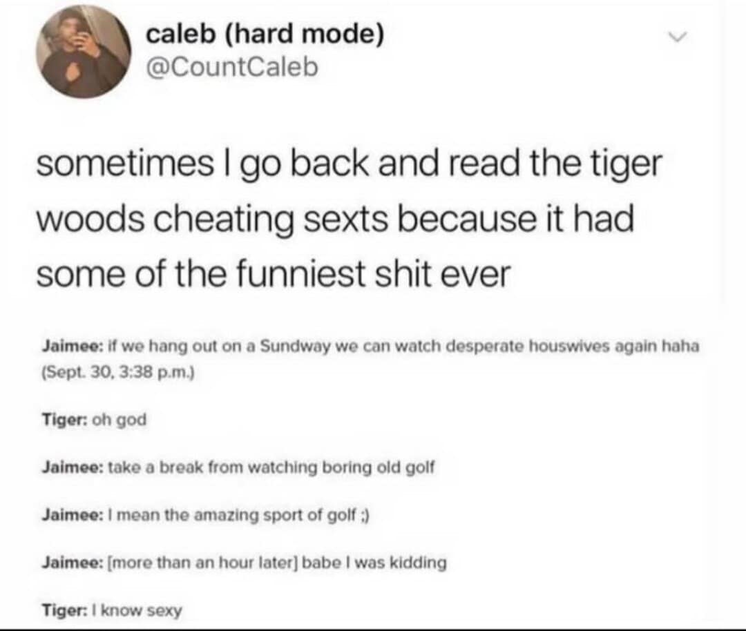 An iconic sports-scandal throwback post saved as a classic meme, where a user revisits the hilariously mundane leaked text messages of Tiger Woods cheating scandal, showcasing his mistress back-pedaling after calling golf boring, only for Tiger to reply, "I know sexy."