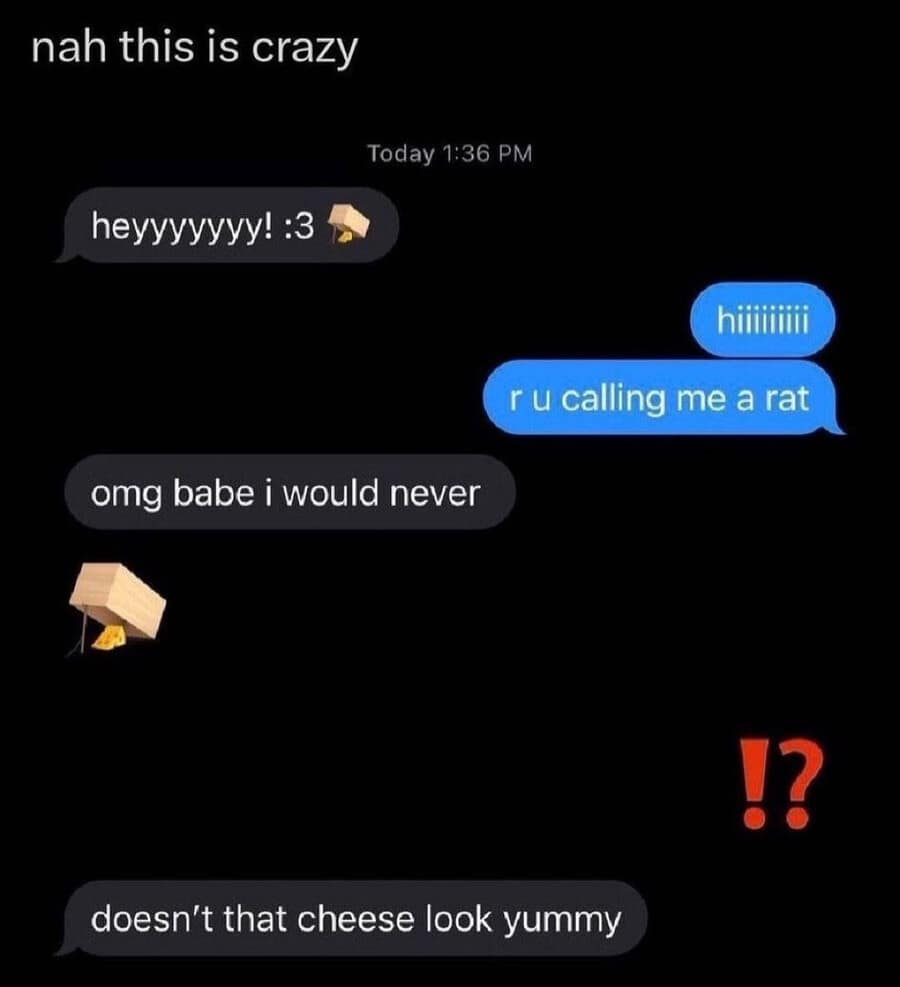 A funny dark-mode text messaging thread working as a classic meme, where a sender mistakenly triggers a text argument by using a mousetrap emoji, prompting the receiver to ask "r u calling me a rat" before the sender tries to diffuse it by sending a zoomed-in photo of cheese inside a box trap.