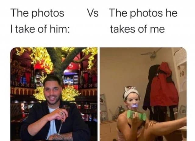 A hilarious relationship-dynamic layout serving as a classic meme side-by-side compares "The photos I take of him" showing a perfectly framed portrait at a restaurant with "The photos he takes of me" showcasing a chaotic picture of a woman with a mud mask shaving her leg.