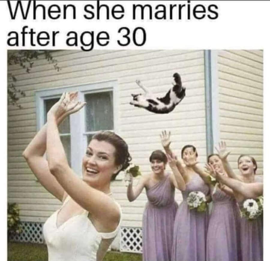 An edited wedding photo operating as a classic meme under the text header "When she marries after age 30," depicting a joyful bride mid-throw casting a flying black-and-white tuxedo cat backward through the air toward her reaching bridesmaids instead of a floral bouquet.