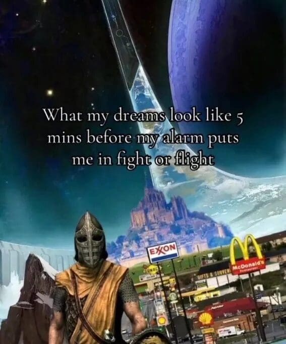 A surreal pop-culture crossover graphic functioning as a classic meme merges elements of Skyrim and Halo under text about weird morning dreams, featuring a Whiterun hold guard standing in front of a giant sci-fi ring mega-structure, an Exxon billboard, and a roadside McDonald's sign.