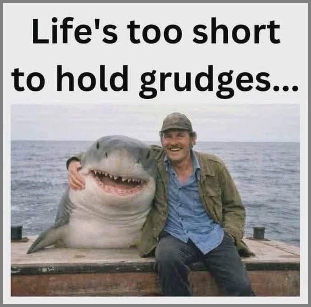 Photoshopped movie scene from Jaws showing character Quint smiling on a dock with his arm around a great white shark under the text, "Life's too short to hold grudges...".