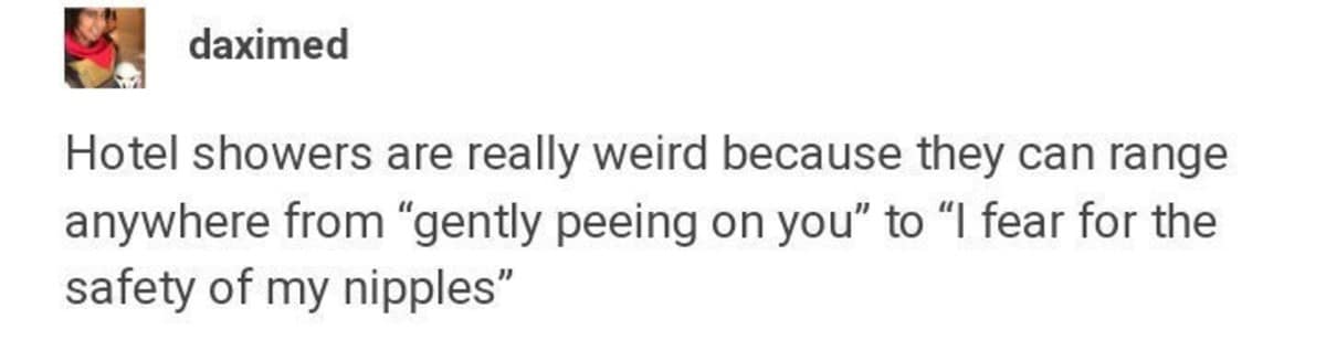 A text-only platform screenshot saved as a classic meme from user daximed, dryly noting that hotel showers are inherently weird because their water pressure can range anywhere from "gently peeing on you" to "I fear for the safety of my nipples."