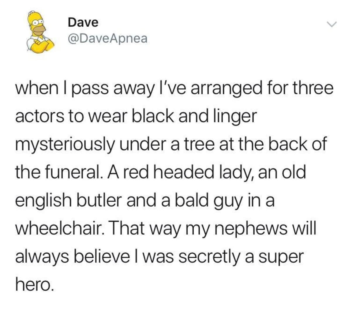 Twitter screenshot from user Dave outlining a secret superhero funeral prank involving X-Men actor archetypes, tracked among the web's best memes.