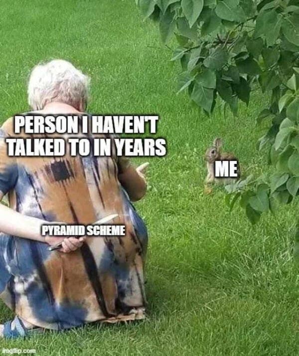 predatory sales tactics joke structured as a classic meme shows an outdoor photo of an elderly woman crouching down on a lawn, hiding a large kitchen knife behind her back labeled "PYRAMID SCHEME" while pointing enticingly at a wild backyard rabbit labeled "ME," under the bold identifier: "PERSON I HAVEN'T TALKED TO IN YEARS".