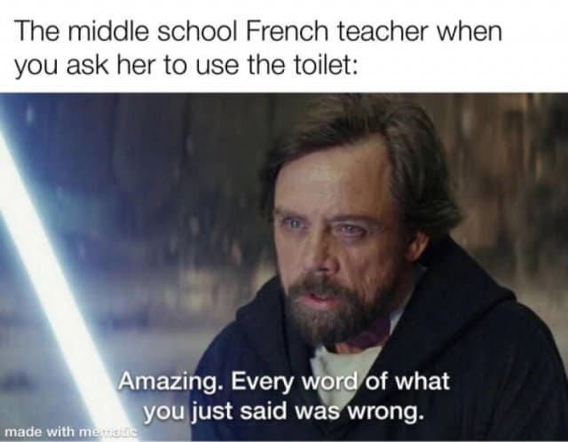 An educational language-barrier joke deployed as a classic meme frames a scene of Luke Skywalker from Star Wars: The Last Jedi looking weathered and serious under the text setup: "The middle school French teacher when you ask her to use the toilet:". The subtitle tracks his iconic quote: "Amazing. Every word of what you just said was wrong."
