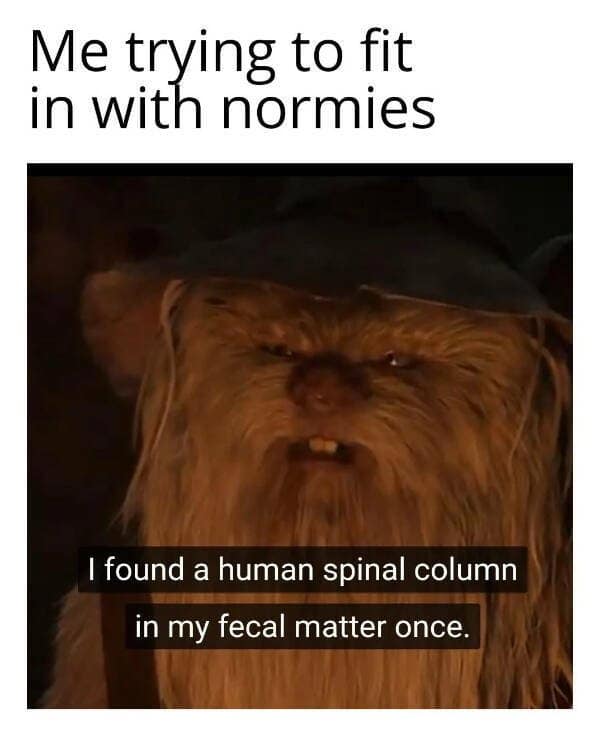 An awkward social integration piece trending among internet memes positions the bold caption "Me trying to fit in with normies" over a television screen cap of a small, bizarrely furry humanoid fantasy creature with buck teeth wearing a dark hat, subtitled with the completely unprompted confession: "I found a human spinal column in my fecal matter once."