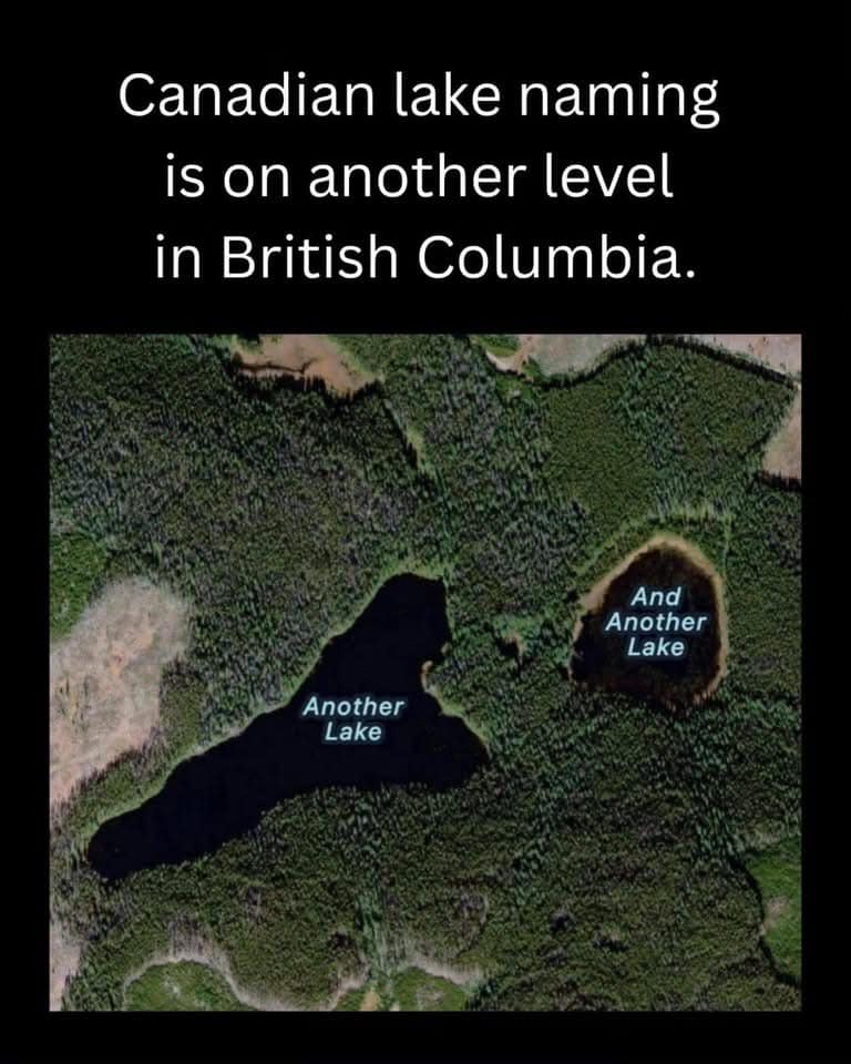A satellite map view of British Columbia serves as a geographic classic meme, highlighting two real-world water bodies literally mapped and officially labeled as "Another Lake" and "And Another Lake."