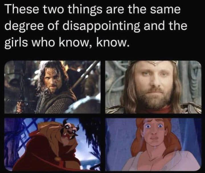 A four-panel comparison layout classic meme matching rugged, long-haired Aragorn from The Lord of the Rings against his clean-shaven crowned version, alongside the majestic Beast from Disney's Beauty and the Beast next to his transformed human prince form. The top text reads: "These two things are the same degree of disappointing and the girls who know, know."