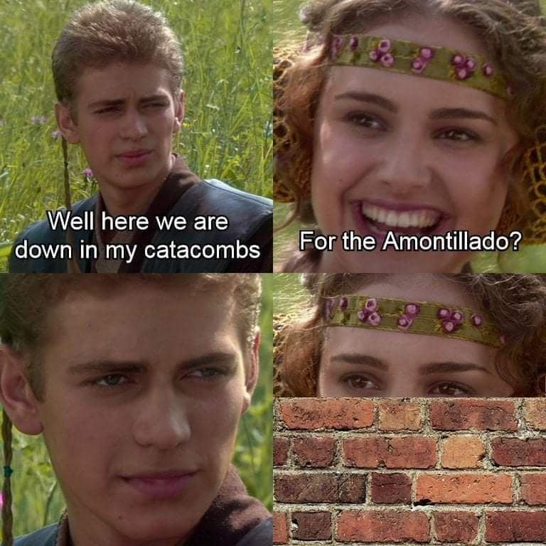 A hilarious literary variation of a classic meme template using the four-panel Anakin and Padmé field conversation from Star Wars. Anakin states, "Well here we are down in my catacombs," to which a smiling Padmé responds, "For the Amontillado?" In the final panels, Anakin glares silently as a brick wall is progressively built up, trapping her inside the frame in a direct nod to Edgar Allan Poe.