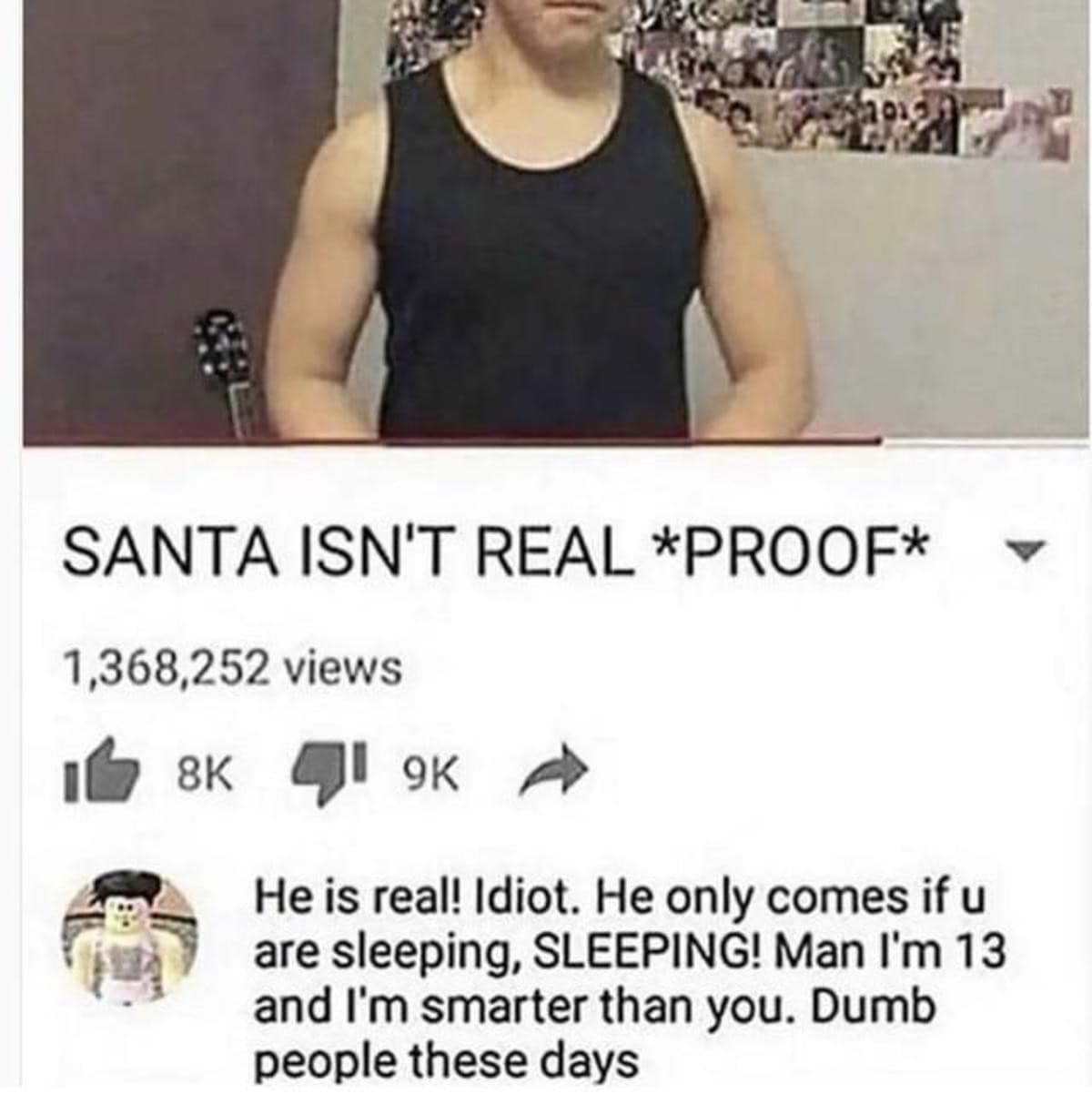 legendary comment section breakdown archived as a classic meme displays a YouTube thumbnail titled "SANTA ISN'T REAL PROOF", backed by an aggressive counter-argument from a 13-year-old Roblox user calling the creator an idiot because Santa only visits when you are sleeping.