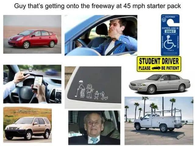 Starter pack image compilation titled "Guy that's getting onto the freeway at 45 mph starter pack" featuring an old Buick LeSabre, an expired 2007 handicap placard, and Prince Philip in a relatable classic meme.