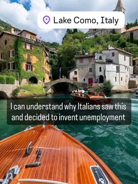A first-person view from the polished wooden bow of a speed boat cruising through the bright turquoise waters of Lake Como, Italy, under a text overlay about local leisure habits in a scenic classic meme.