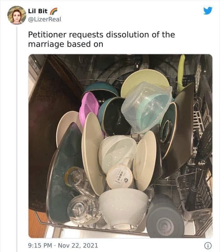 A domestic grievance photo working as a viral classic meme from user Lil Bit (@LizerReal), displaying an image of a completely packed, chaotically loaded kitchen dishwasher where plates, upside-down bowls, upright cups, plastic bins, and a full baking sheet are jammed together in total defiance of basic structural logic, captioned: "Petitioner requests dissolution of the marriage based on".