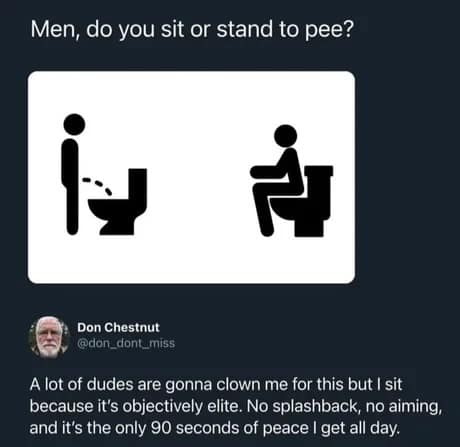 Silhouette diagrams depicting a man standing versus sitting to use the restroom, embedded in a viral classic meme containing a relatable tweet about bathroom peace.