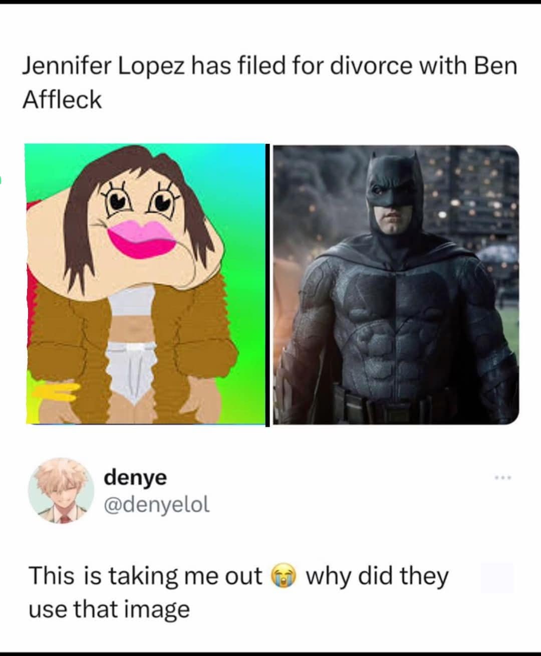 A news broadcast graphic circulating as a viral classic meme highlights a tweet by user denye poking fun at an article announcing Jennifer Lopez and Ben Affleck's divorce that mistakenly paired a serious picture of Affleck as Batman with a crude South Park cartoon caricature of J-Lo.