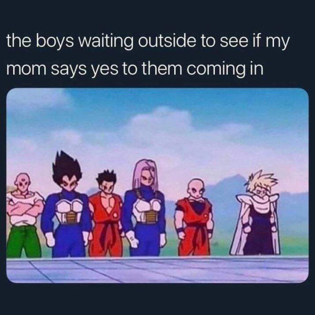 Anime reaction meme shows a lineup of serious Dragon Ball characters waiting outside with the caption “the boys waiting outside to see if my mom says yes to them coming in,” turning childhood hangout logistics into a full-power diplomatic standoff on the front porch.