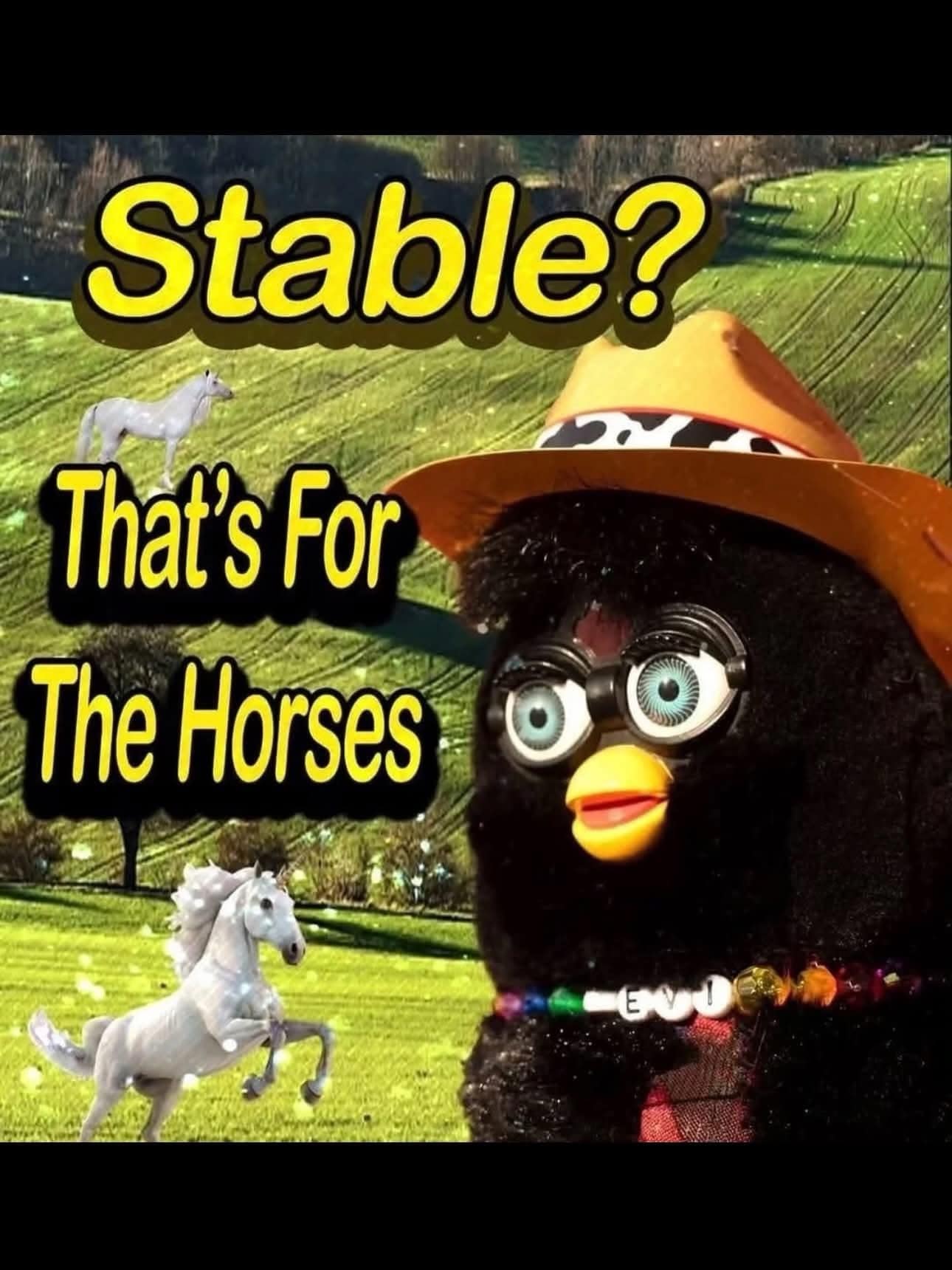 An absurdist classic meme displaying a black toy Furby wearing a brown cowboy hat and a beaded "EVIL" necklace against a rolling green pasture with horses, under the bold yellow text: "Stable? That's For The Horses."