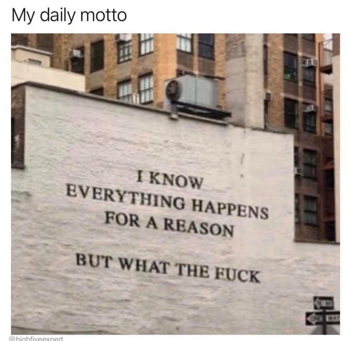 An urban wall graphic cataloged inside a gallery of classic memes, showing large painted text on the side of a brick building that reads: "I KNOW EVERYTHING HAPPENS FOR A REASON BUT WHAT THE F*CK."